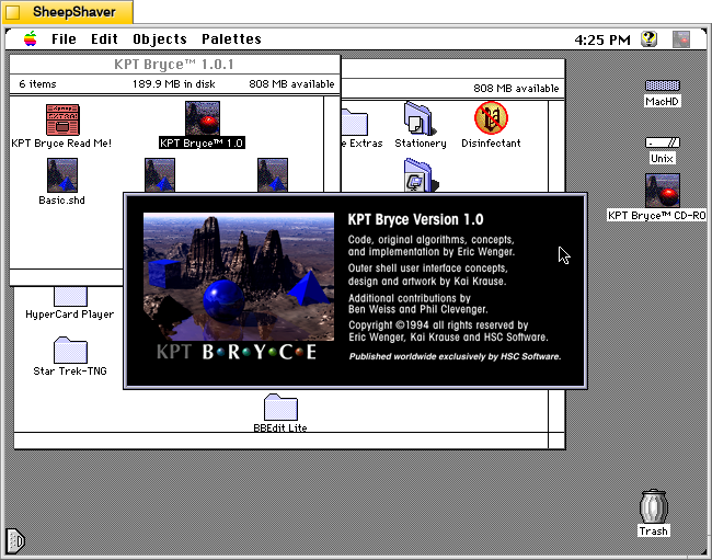 KPT Bryce 1.0 launch screen.