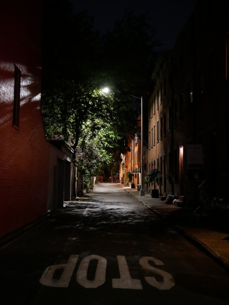 an empty side street between residential properties at night during the first half of 2020