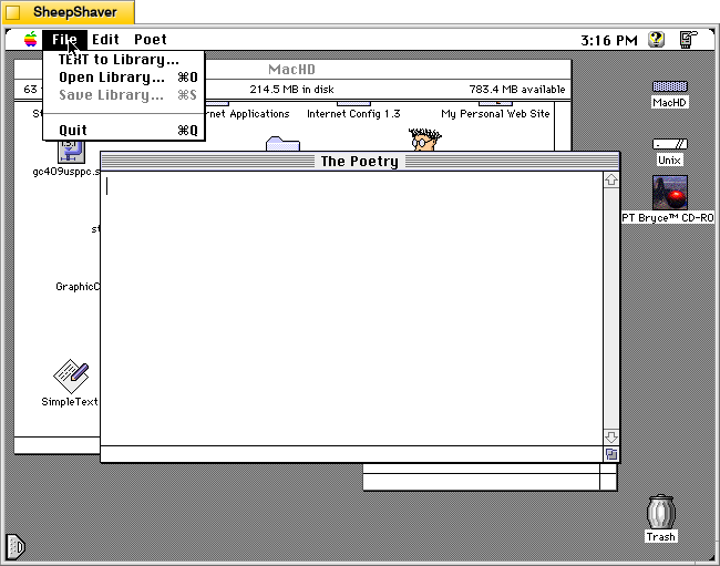 Electric Poet 1.6 for Macintosh, File menu options