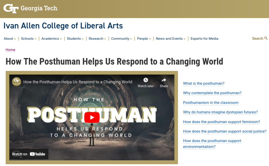 Screenshot of top of article titled, "How the Posthuman Helps Us Respond to a Changing World." Link to article in the text below.