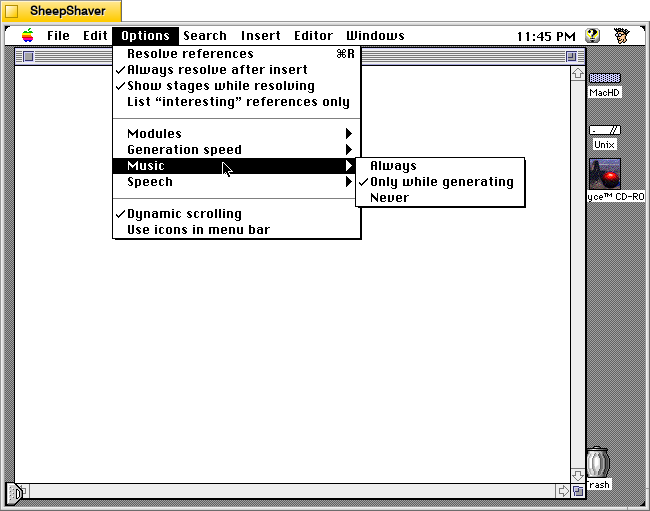 Kant Generator Pro for Macintosh, Options > Music