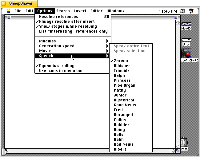 Kant Generator Pro for Macintosh, Options > Speech menu