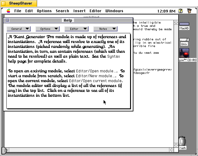 Kant Generator Pro for Macintosh, Apple menu > Help > Editor > Getting Started