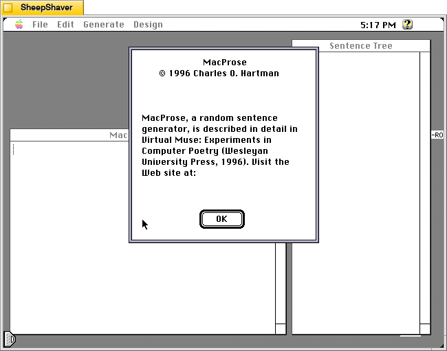 MacProse for Macintosh, About Mac Prose window with copyright information.
