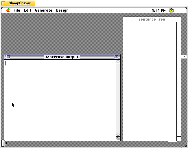 MacProse for Macintosh, after launch, MacProse Output and Sentence Tree windows.