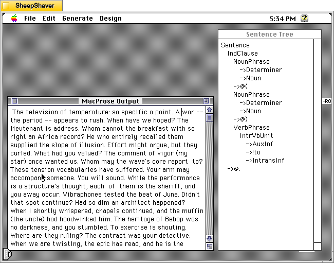 MacProse for Macintosh, sentences generated on the left and a sentence tree for the second sentence.