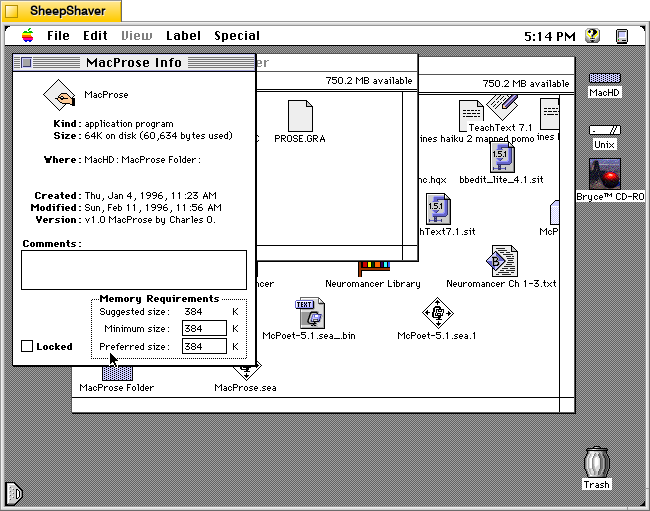 MacProse for Macintosh, Get Info window for MacProse application