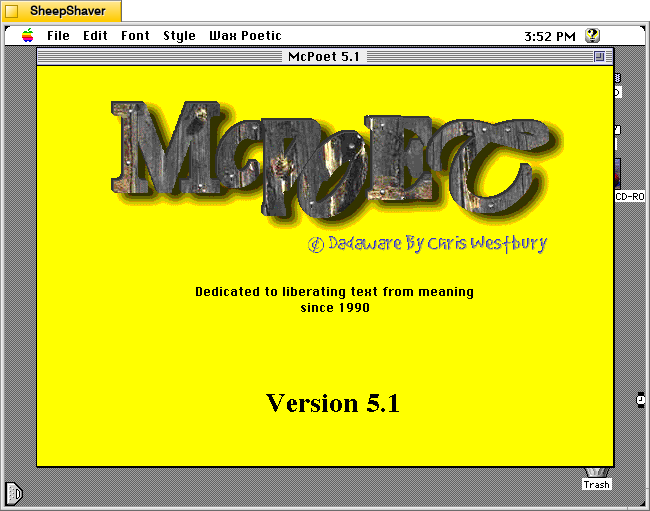 McPoet 5.1 for Macintosh, Launch screen