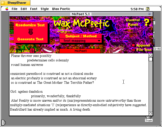 McPoet 5.1 for Macintosh, Three haikus transformed with Post-modernism text mapped onto the original haiku text.