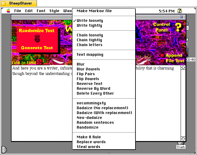 McPoet 5.1 for Macintosh, pull down the Subject/Method menu in the center of the window to see what options are available under Randomize Text