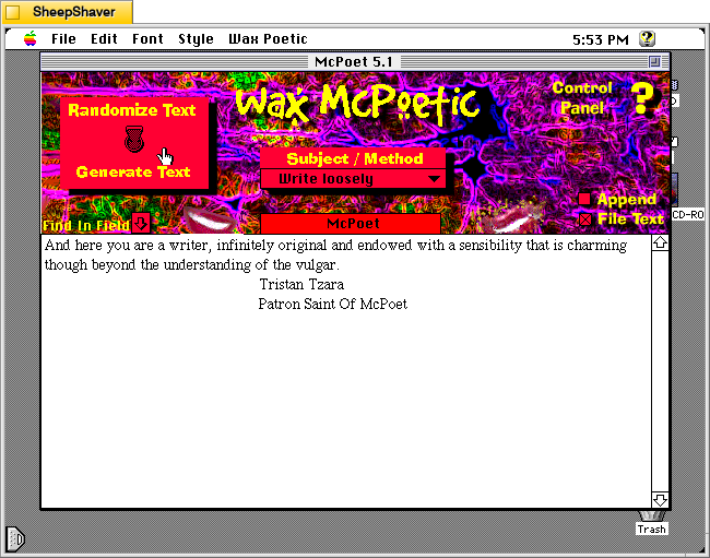 McPoet 5.1 for Macintosh, click the switch in the upper left to change between the generate text feature to the randomize or modify text feature