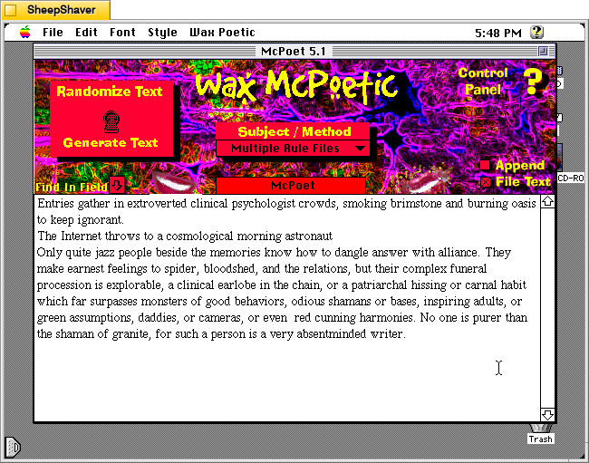 McPoet 5.1 for Macintosh, after choosing 3 lines of text to generate, the output words are shown in the composition window.