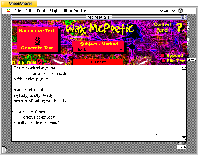 McPoet 5.1 for Macintosh, 3 generated haikus