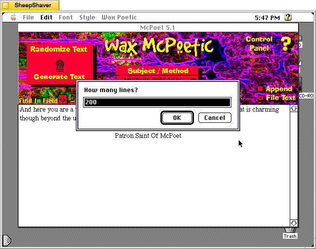 McPoet 5.1 for Macintosh, after clicking "Do it" from the Wax Poetic menu, the application prompts the user for the desired number of lines of text to generate.