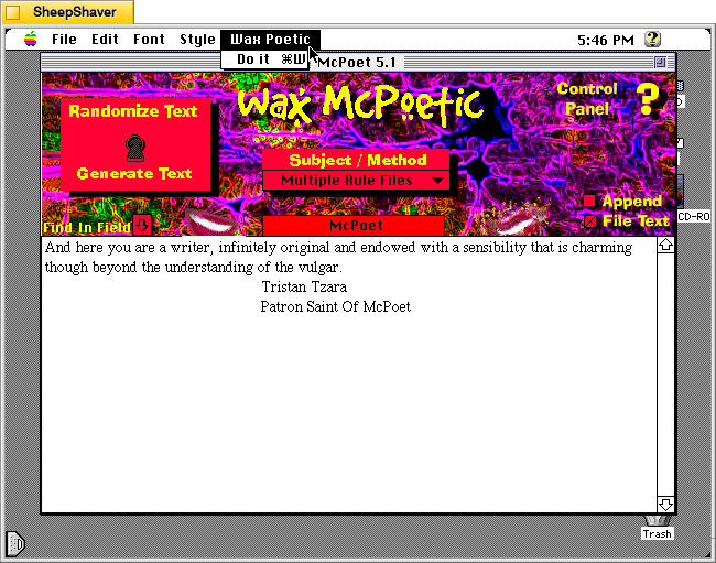 McPoet 5.1 for Macintosh, Wax Poetic menu
