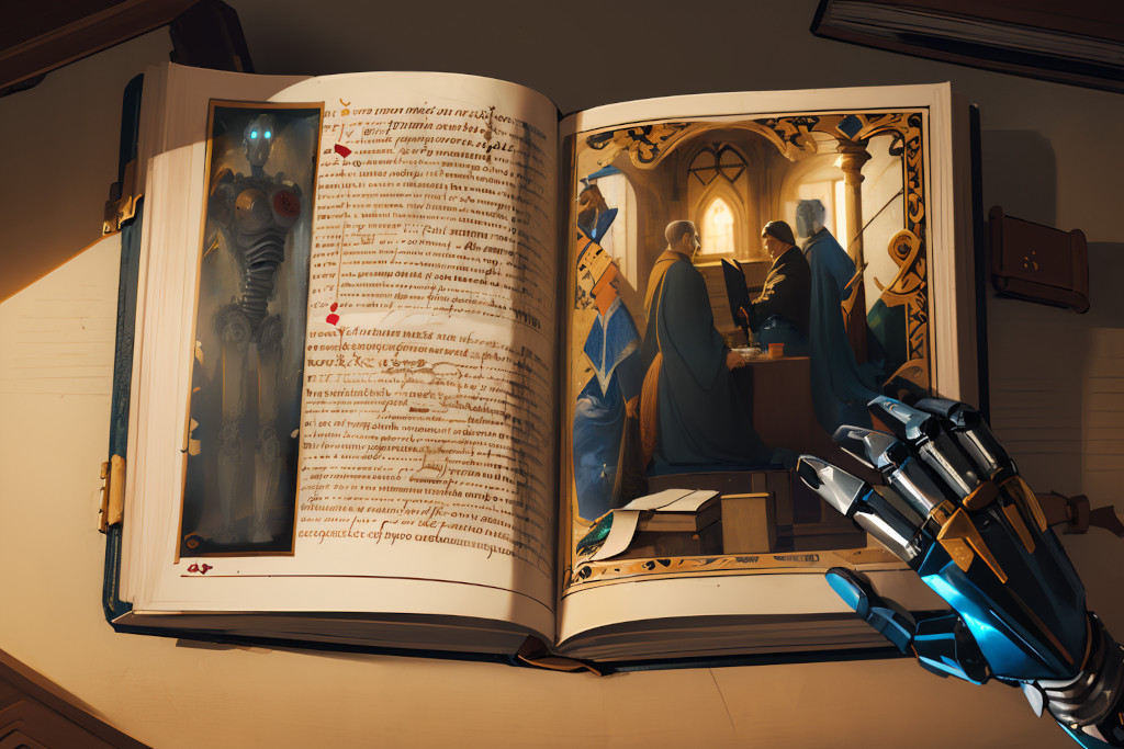An illuminated manuscript with robots in the background and a robot hand reaching from out of frame to touch the book's pages. Image generated with Stable Diffusion.