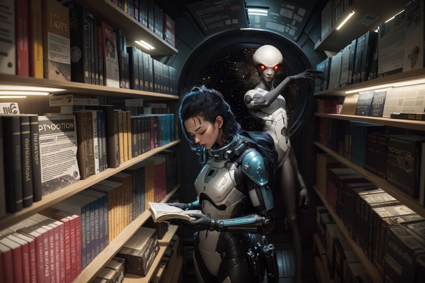 Woman astronaut wearing an exosuit is reading a book in a futuristic library. A tall alien male is standing in the background selecting a book off the shelf. Image created with Stable Diffusion.