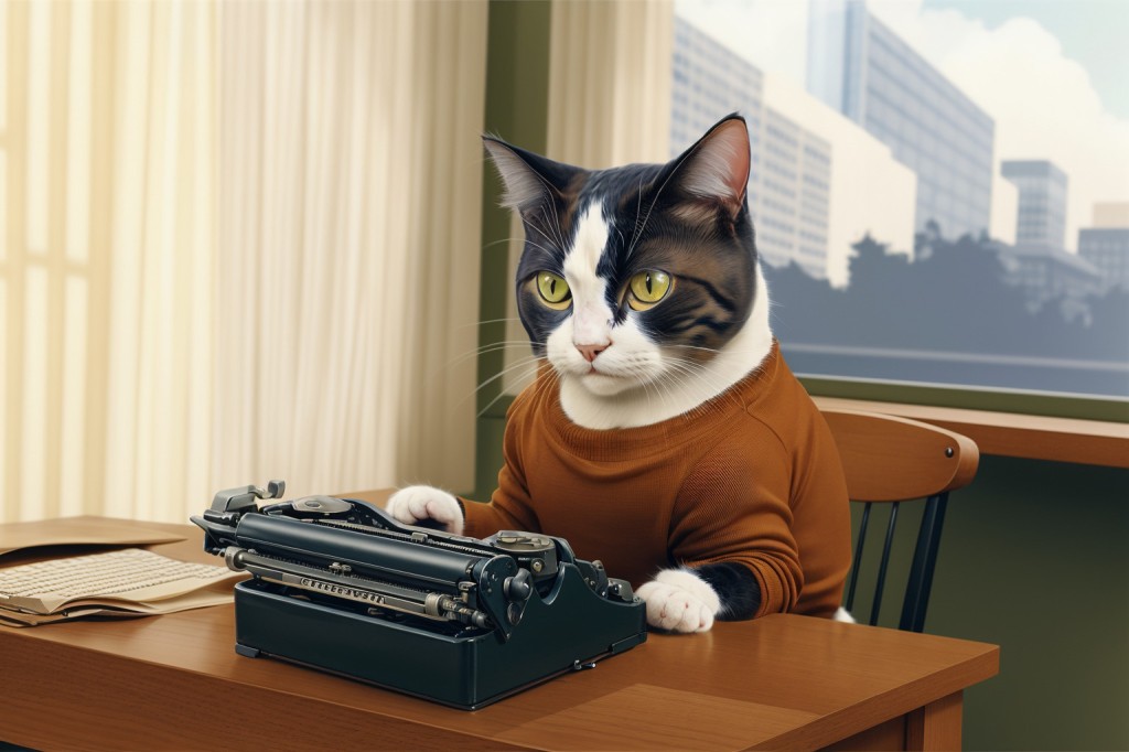 Anthropomorphic cat typing on a typewriter at a desk. City buildings seen in the window behind him. Image created with Stable Diffusion.