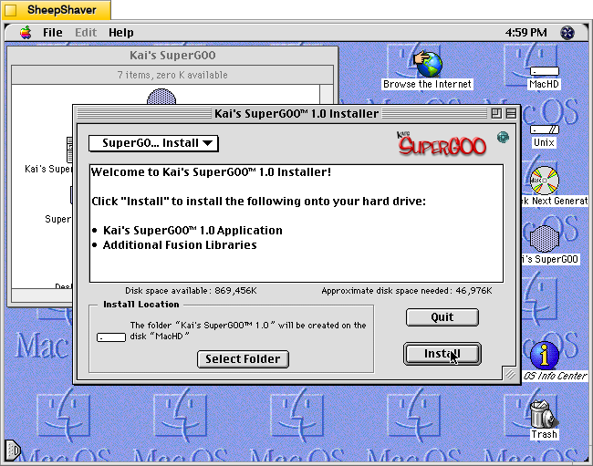 Kai's SuperGOO 1.0 installer window on MacOS 8.1.