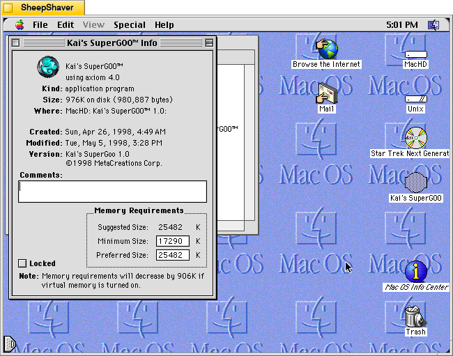 Kai's SuperGOO 1.0 application's Get Info window on MacOS 8.1.