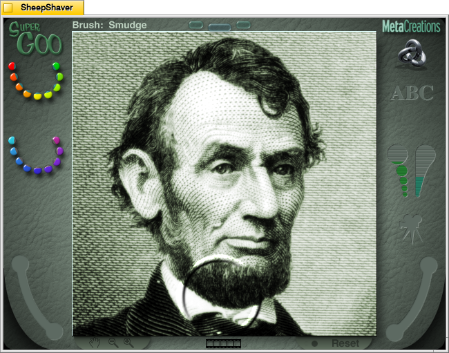 Kai's SuperGOO 1.0 main screen opens with an image of Abraham Lincoln that can be manipulated on MacOS 8.1.
