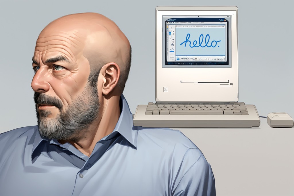Composite illustration of Jef Raskin and a Macintosh computer. Create with Stable Diffusion.