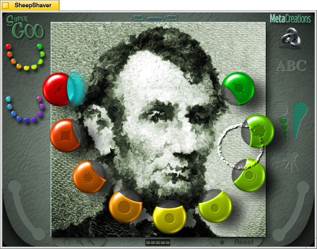 Kai's SuperGOO 1.0 main screen opens with an image of Abraham Lincoln that can be manipulated on MacOS 8.1. The Noise brush has been applied.