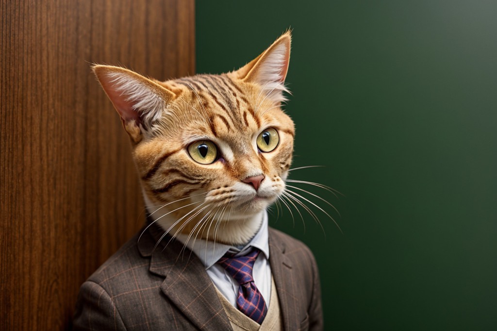An anthropomorphic cat professor dressed in a suit standing in front of a green chalkboard. Image created with Stable Diffusion.