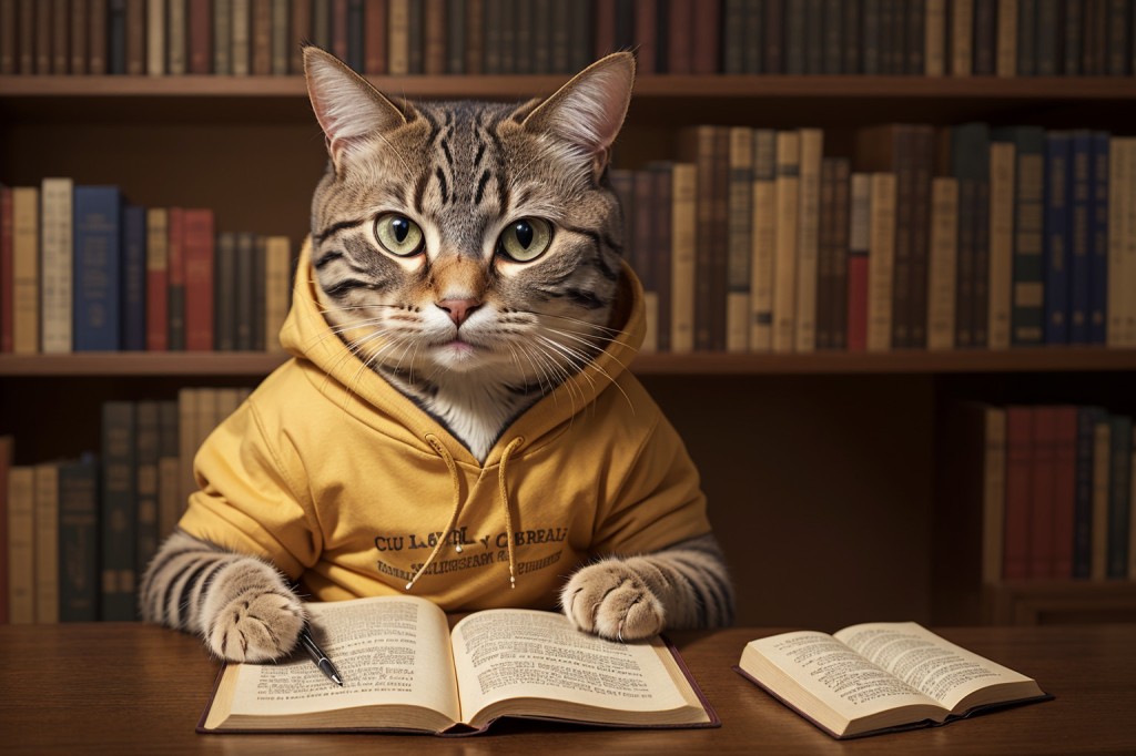 Anthropomorphic cat wearing a hoodie, sitting in a library, studying two open books. Image created in Stable Diffusion.