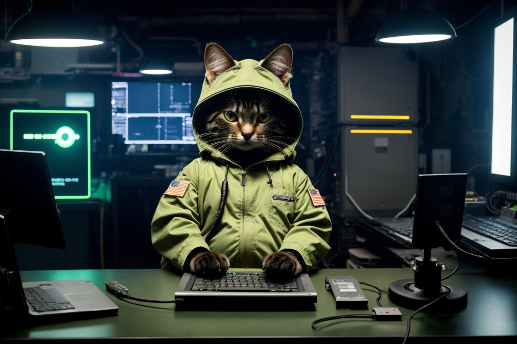 A chubby anthropomorphic cat wearing a hoodie jacket is working at a cyberpunk help desk.
