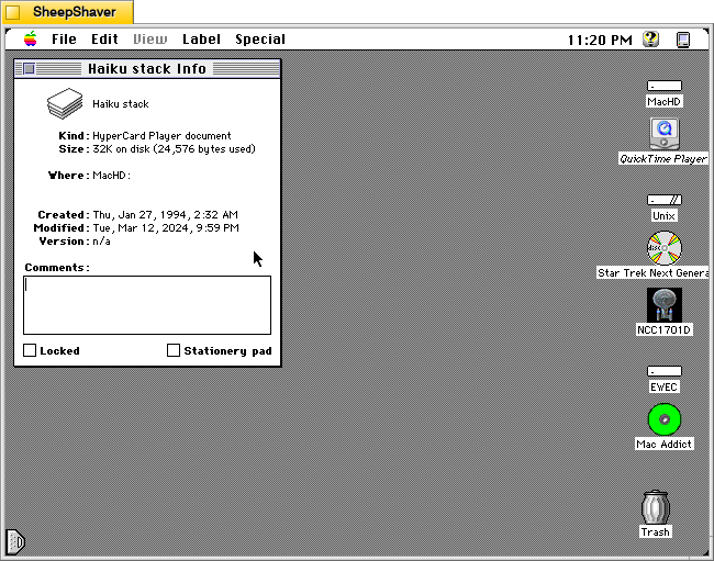 HAIKU 0.2 Hypercard stack Get Info window on Macintosh System 7.5.5 system emulated in SheepShaver.