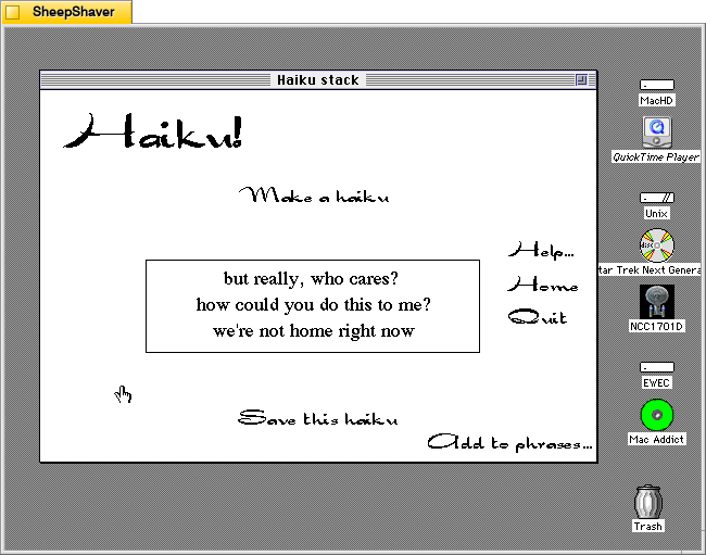 HAIKU 0.2 Hypercard stack main window on Macintosh System 7.5.5 system emulated in SheepShaver.