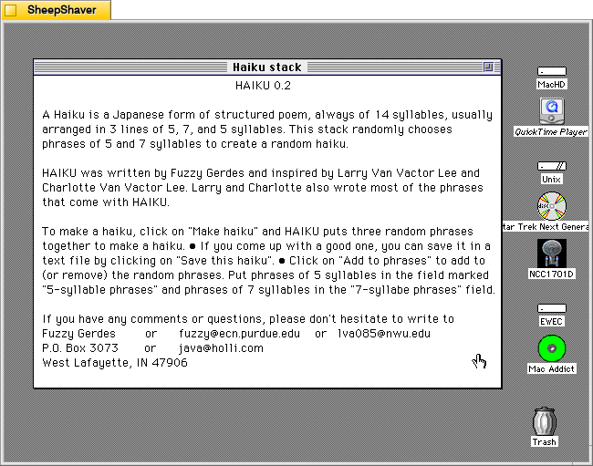 HAIKU 0.2 Hypercard stack's Help window on Macintosh System 7.5.5 system emulated in SheepShaver.