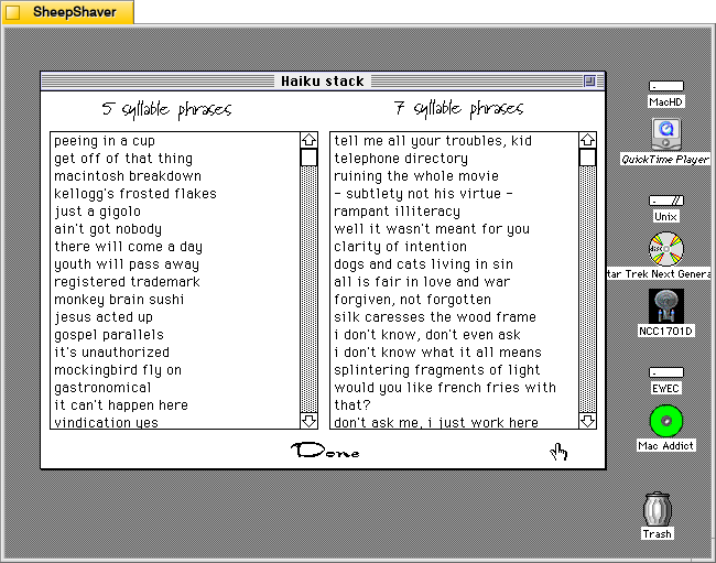 HAIKU 0.2 Hypercard stack's Add to phrases page on Macintosh System 7.5.5 system emulated in SheepShaver.