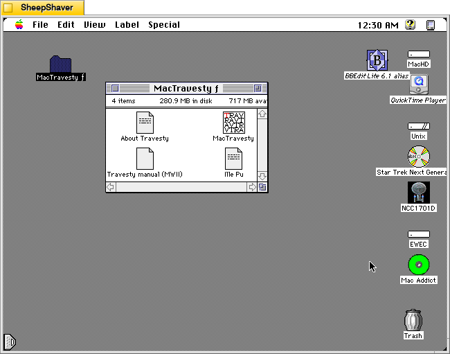 MacTravesty program folder on Macintosh System 7.5.5 system emulated in SheepShaver.