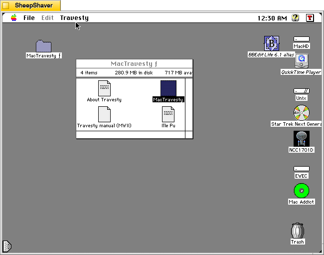 MacTravesty open on Macintosh System 7.5.5 system emulated in SheepShaver.