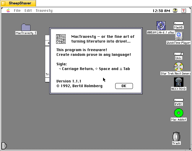 MacTravesty Apple > About MacTravesty window on Macintosh System 7.5.5 system emulated in SheepShaver.