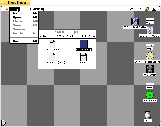 MacTravesty File menu on Macintosh System 7.5.5 system emulated in SheepShaver.