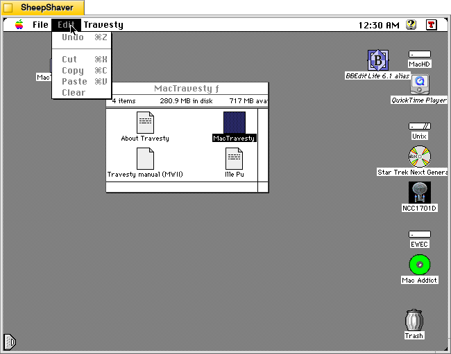 MacTravesty Edit menu on Macintosh System 7.5.5 system emulated in SheepShaver.