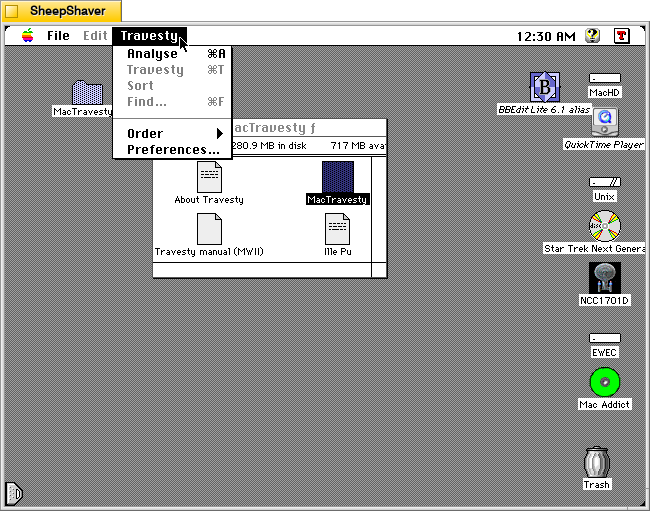 MacTravesty Travesty menu on Macintosh System 7.5.5 system emulated in SheepShaver.