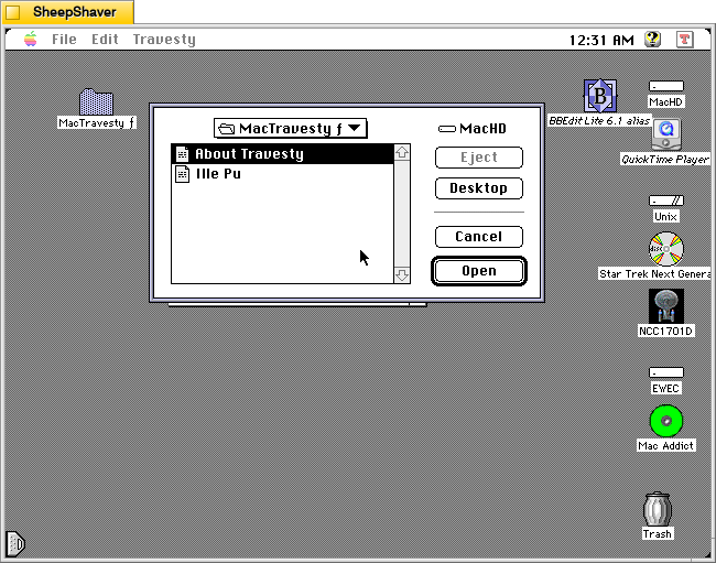 MacTravesty Analyse file selection dialog on Macintosh System 7.5.5 system emulated in SheepShaver.