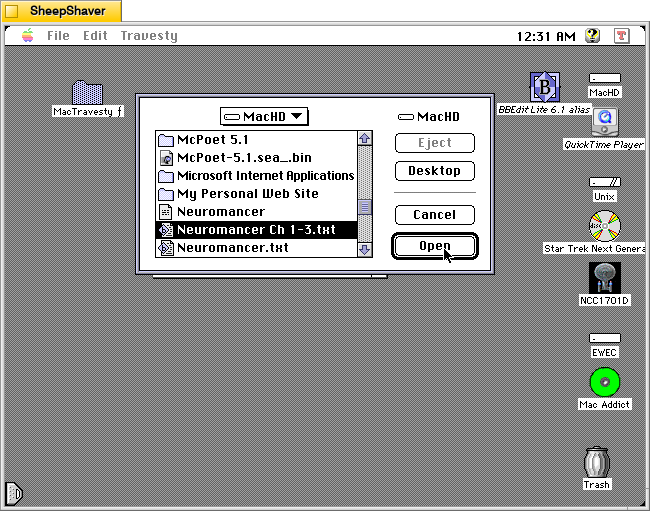 MacTravesty Analyse file selection of Neuromancer chapters on Macintosh System 7.5.5 system emulated in SheepShaver.