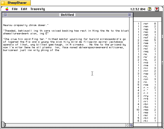 MacTravesty Travesty > Travesty text generation on Macintosh System 7.5.5 system emulated in SheepShaver.
