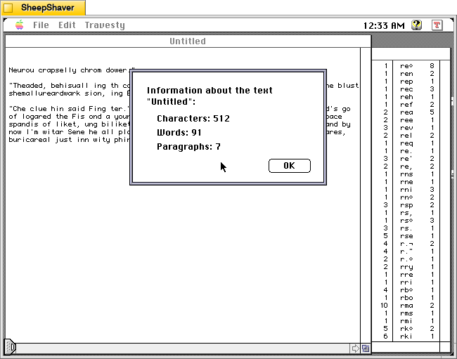 MacTravesty File > Get Info about the generated text on Macintosh System 7.5.5 system emulated in SheepShaver.