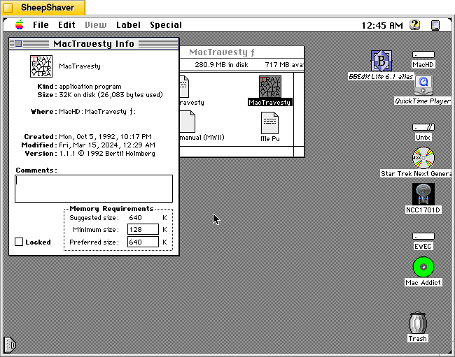 MacTravesty Get Info window on Macintosh System 7.5.5 system emulated in SheepShaver.