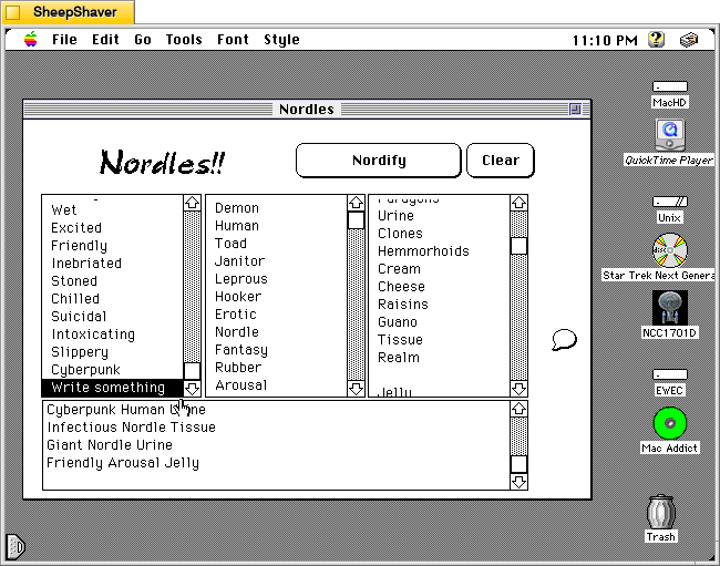 Nordles Hypercard stack main window on a Macintosh System 7.5.5 system emulated in SheepShaver.