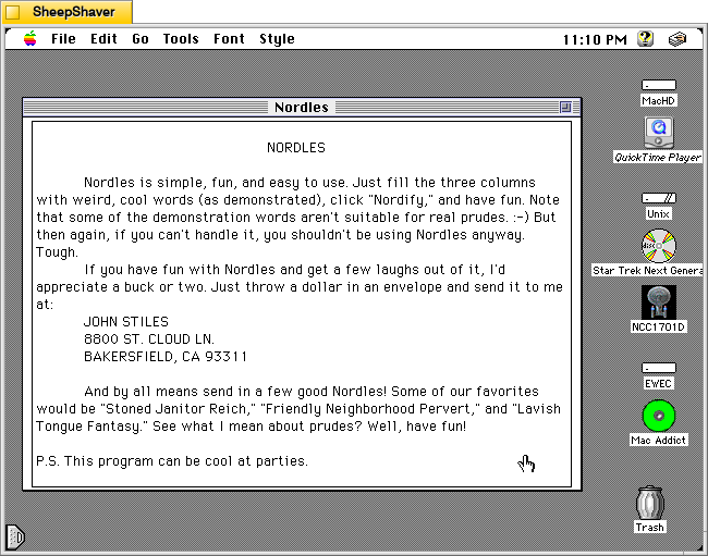 Nordles Hypercard stack about window on a Macintosh System 7.5.5 system emulated in SheepShaver.