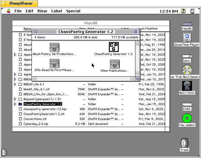 ChaosPoetry Generator 1.2 folder containing the CPG hypercard stack and three text files on Macintosh System 7.5.5 system emulated in SheepShaver.