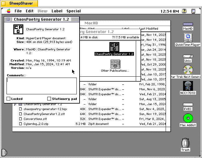 ChaosPoetry Generator 1.2 hypercard stack Get Info window on Macintosh System 7.5.5 system emulated in SheepShaver.