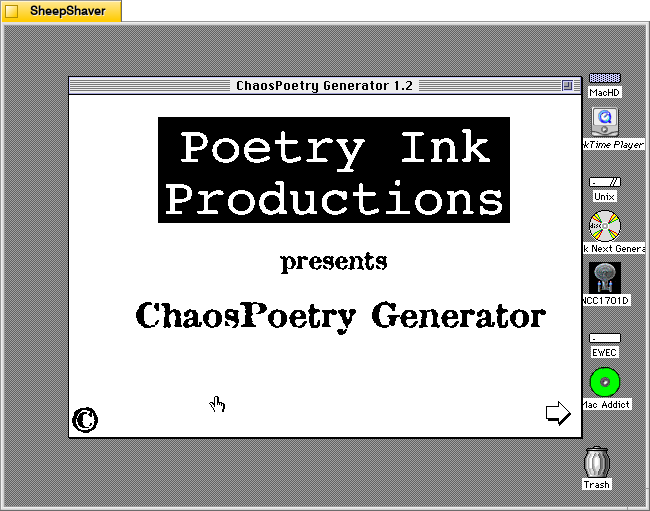 ChaosPoetry Generator 1.2 launch window on Macintosh System 7.5.5 system emulated in SheepShaver.